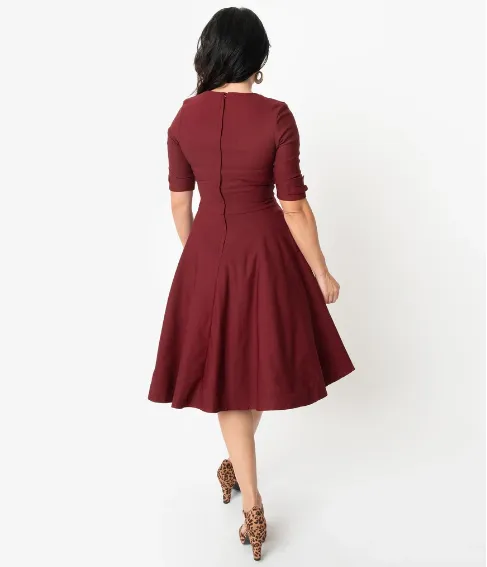 1950s Burgundy Red Swing Dress