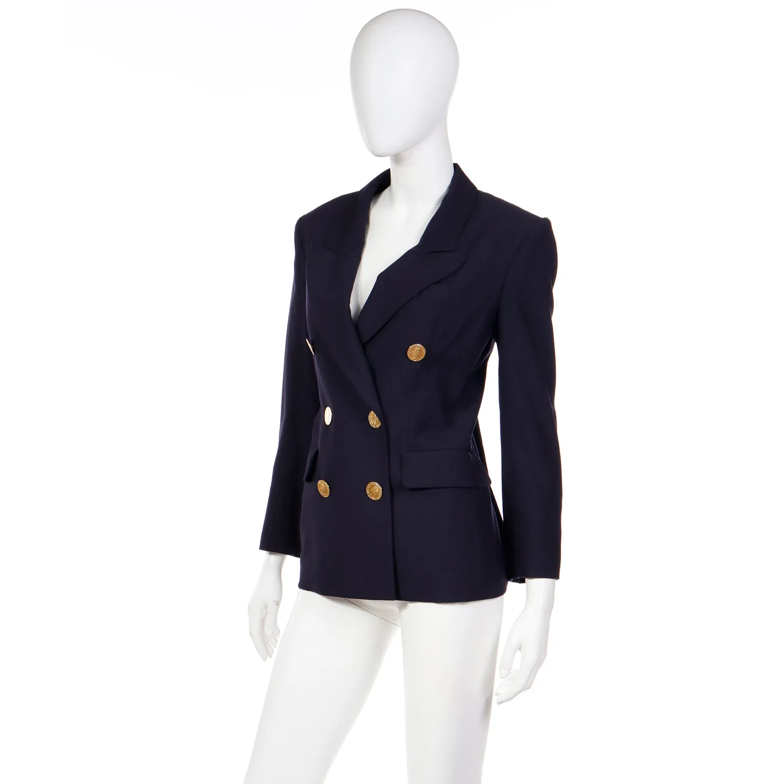 1991 Yves Saint Laurent Navy Blue Wool Blazer Jacket With Coin Buttons