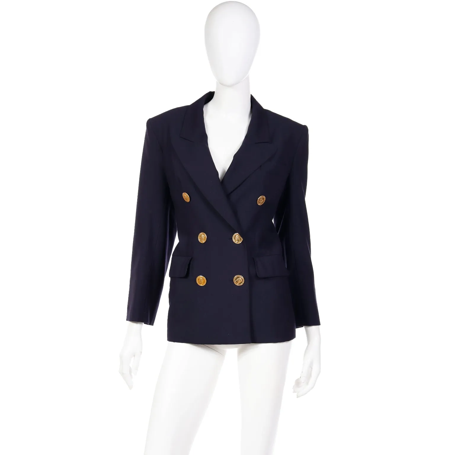 1991 Yves Saint Laurent Navy Blue Wool Blazer Jacket With Coin Buttons