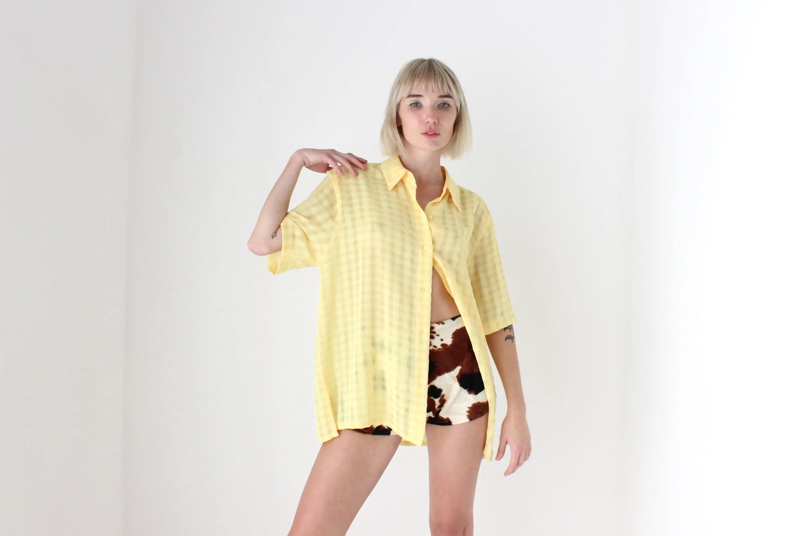 80s Semi Sheer Lemon Gingham Boxy Shirt