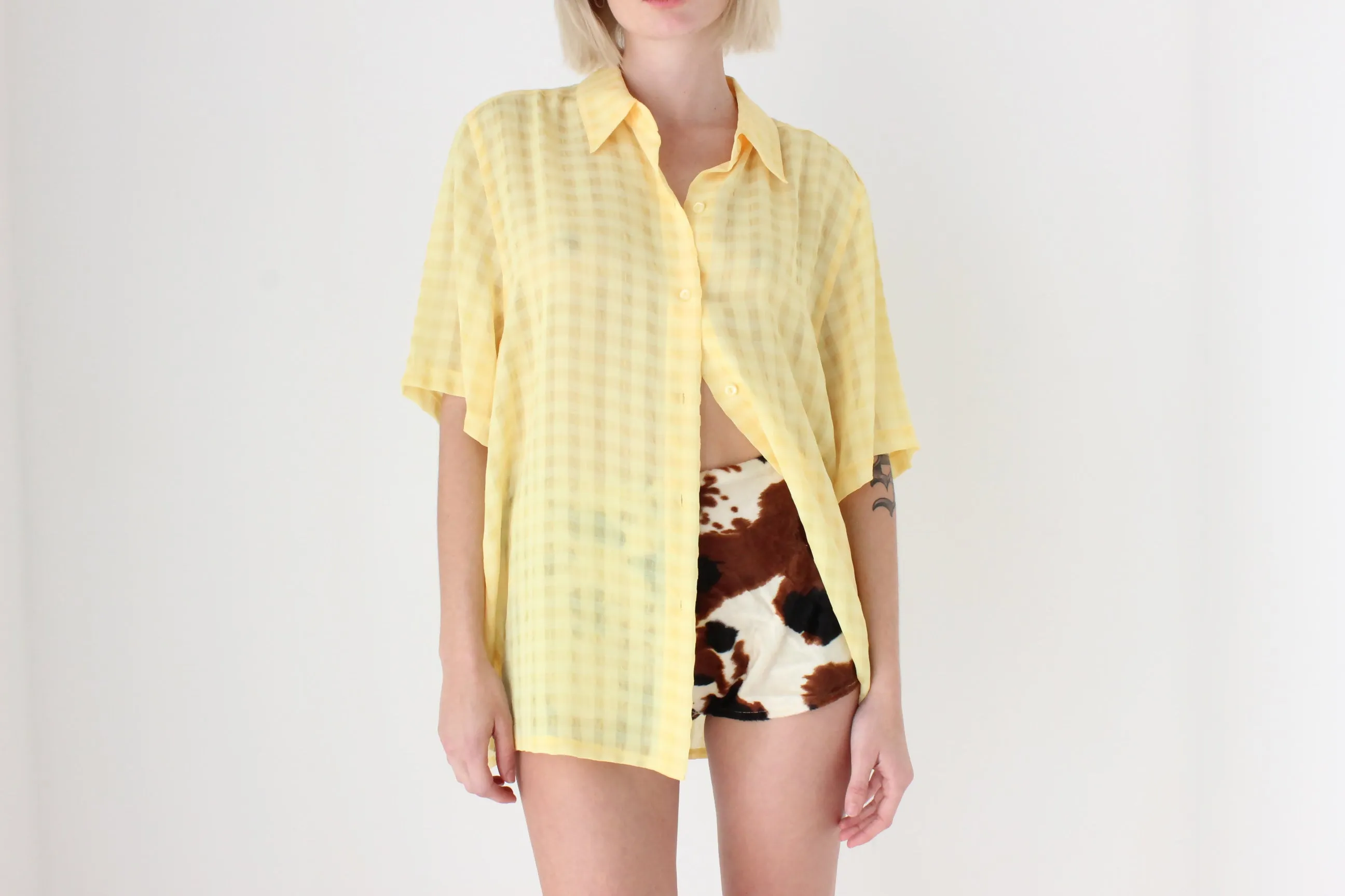 80s Semi Sheer Lemon Gingham Boxy Shirt