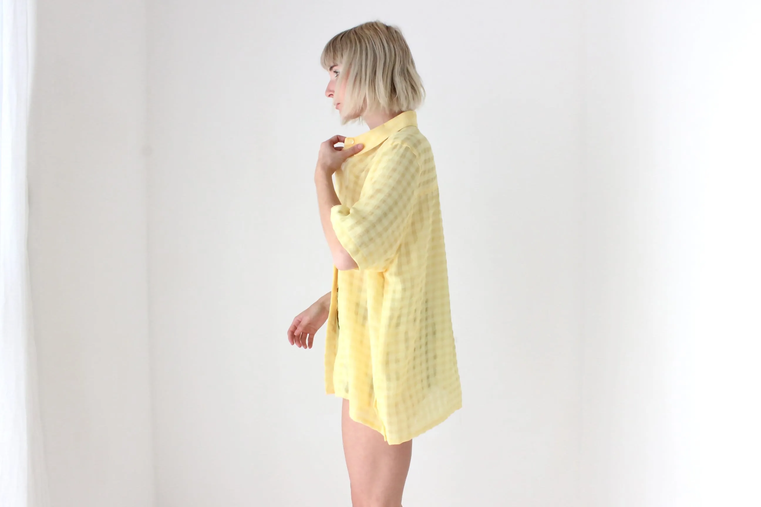 80s Semi Sheer Lemon Gingham Boxy Shirt