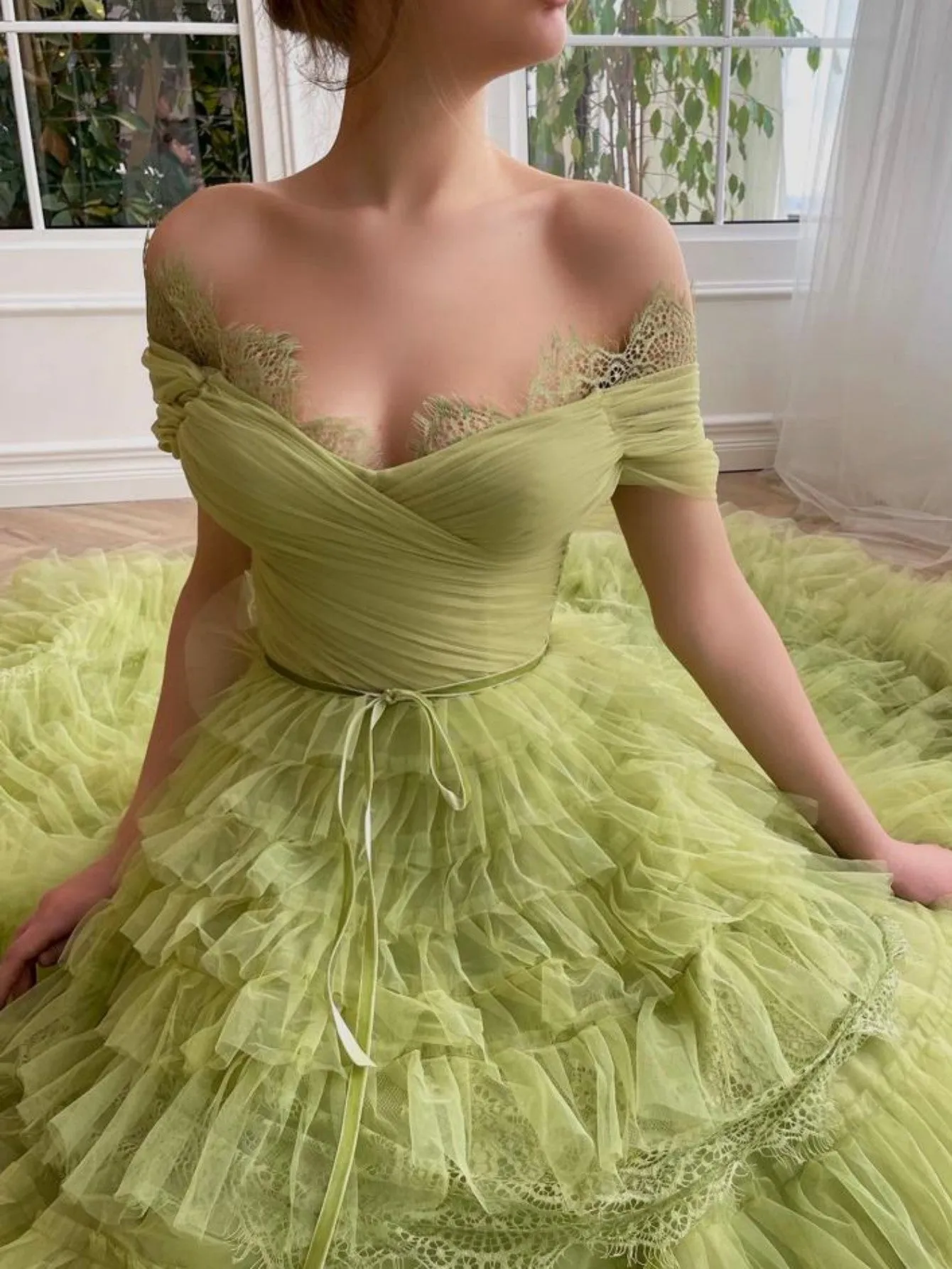 A Line Off the Shoulder Tulle Prom Dress