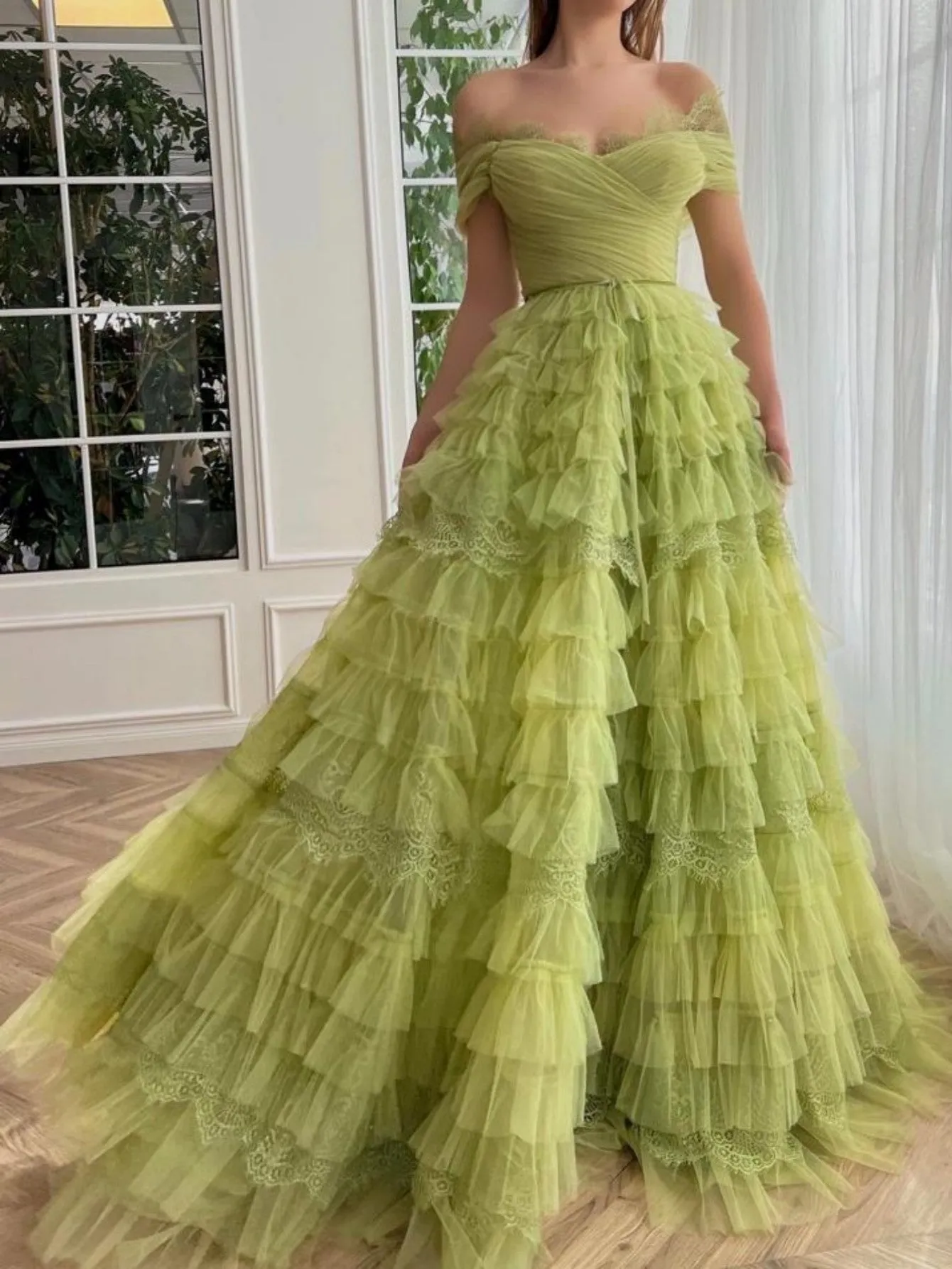 A Line Off the Shoulder Tulle Prom Dress