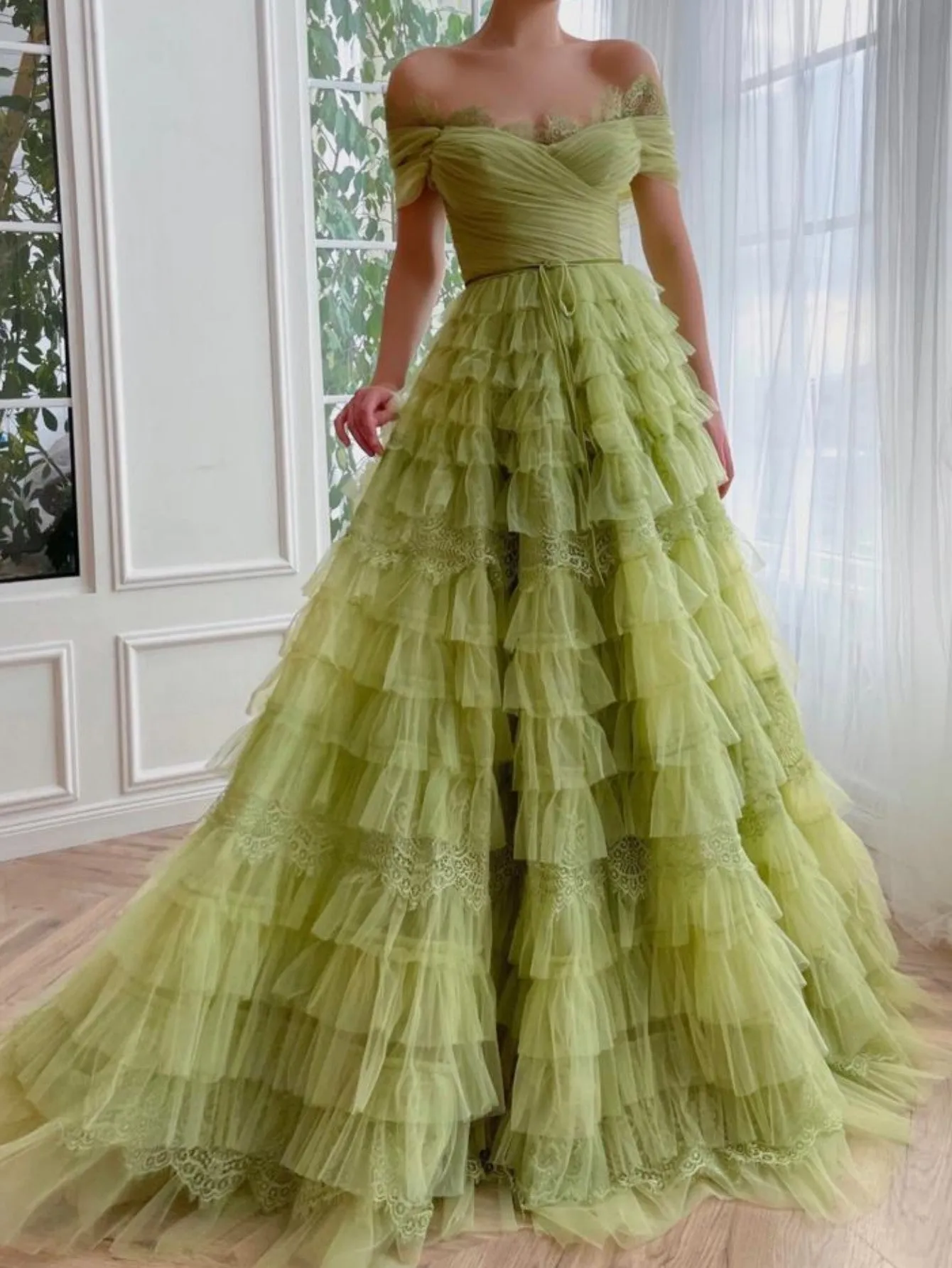 A Line Off the Shoulder Tulle Prom Dress