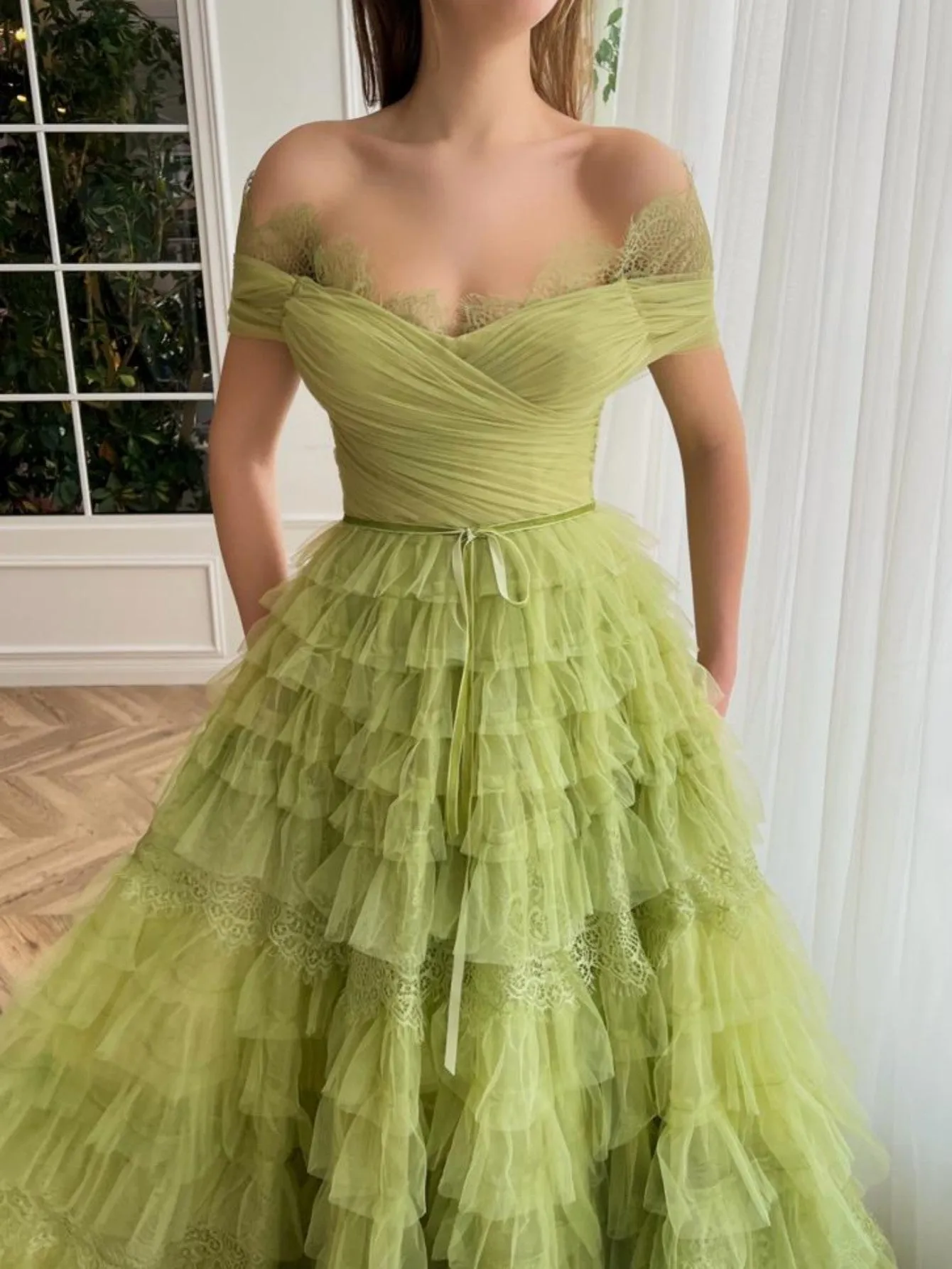 A Line Off the Shoulder Tulle Prom Dress