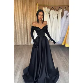 A-line V-neck Beads Long Sleeves Black Vintage Formal Evening Gowns