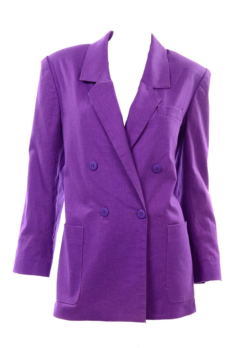 Adolfo International Purple Linen Blend Double Breasted Blazer