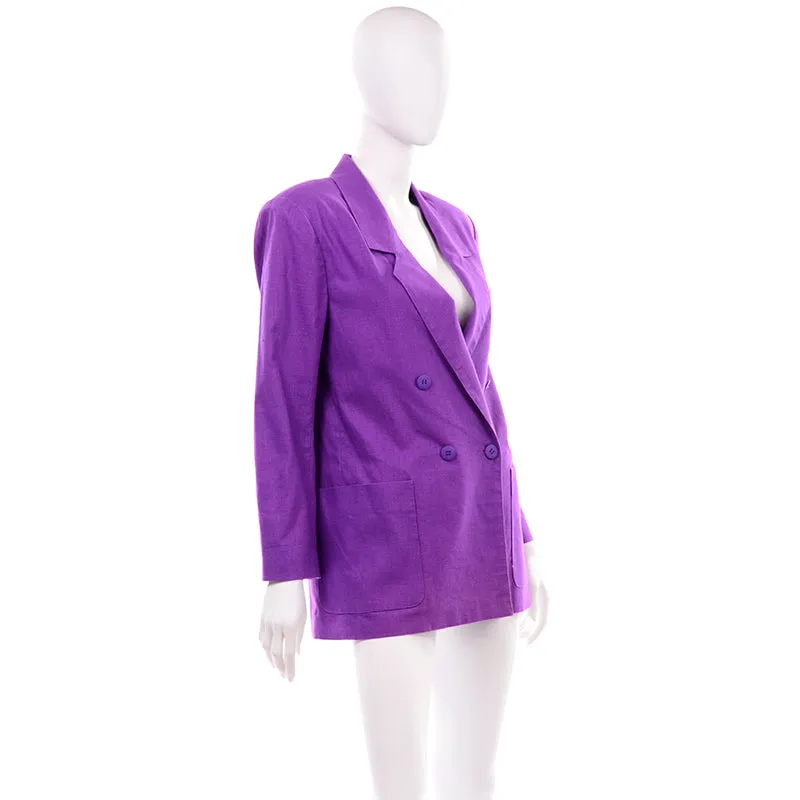 Adolfo International Purple Linen Blend Double Breasted Blazer