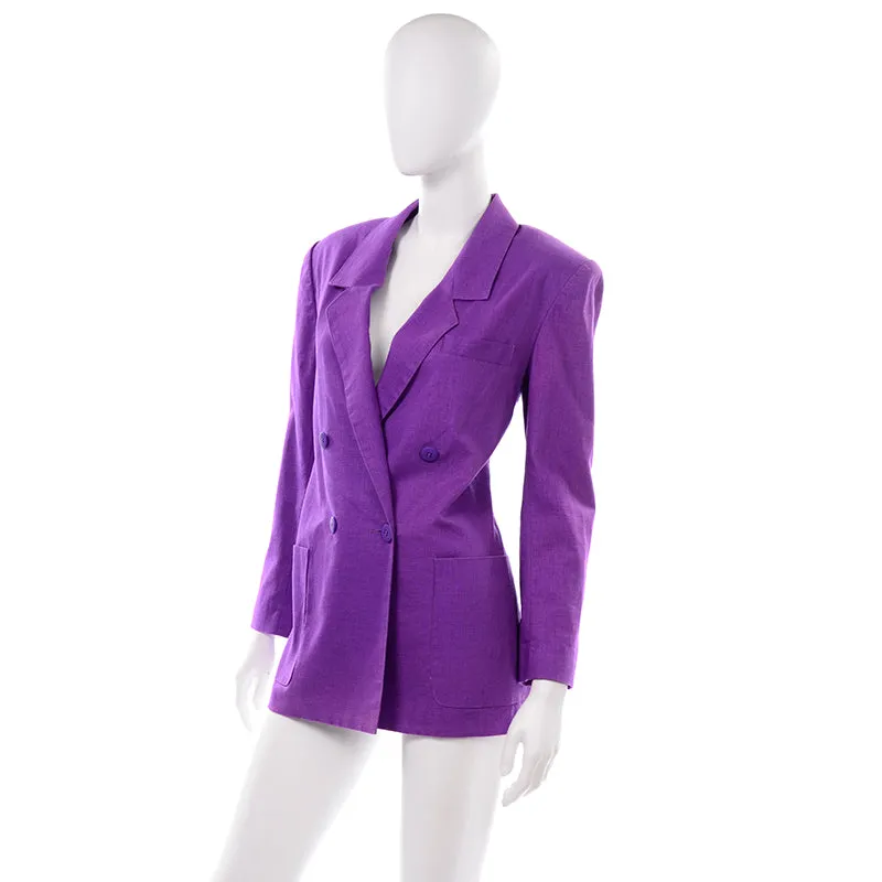 Adolfo International Purple Linen Blend Double Breasted Blazer