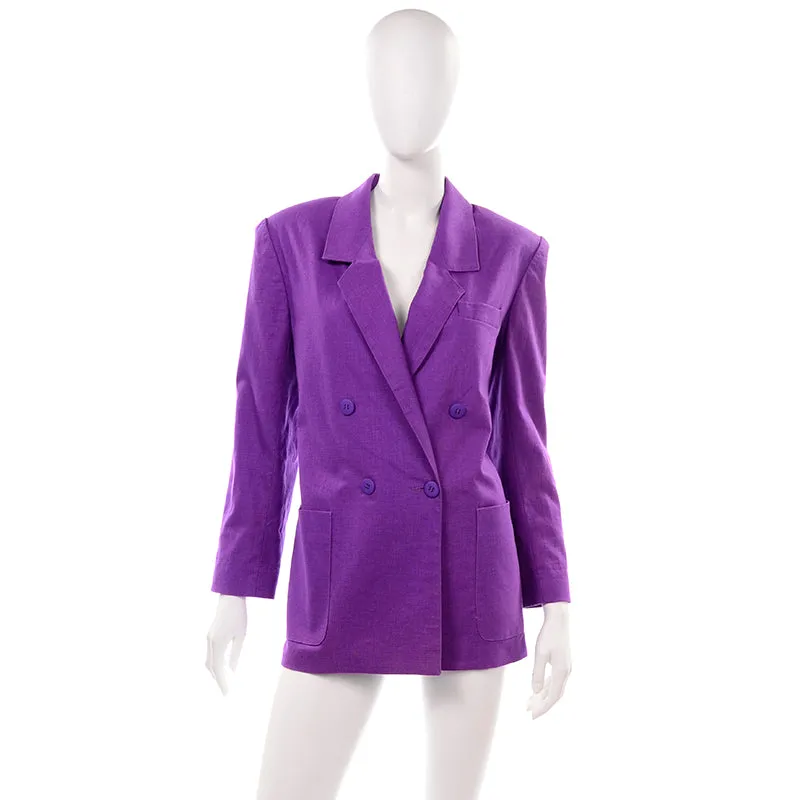 Adolfo International Purple Linen Blend Double Breasted Blazer