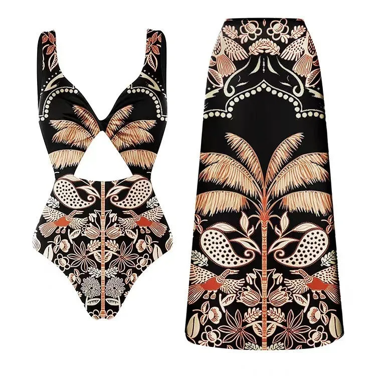 African Print One-Piece Swimsuit & Maxi Skirt