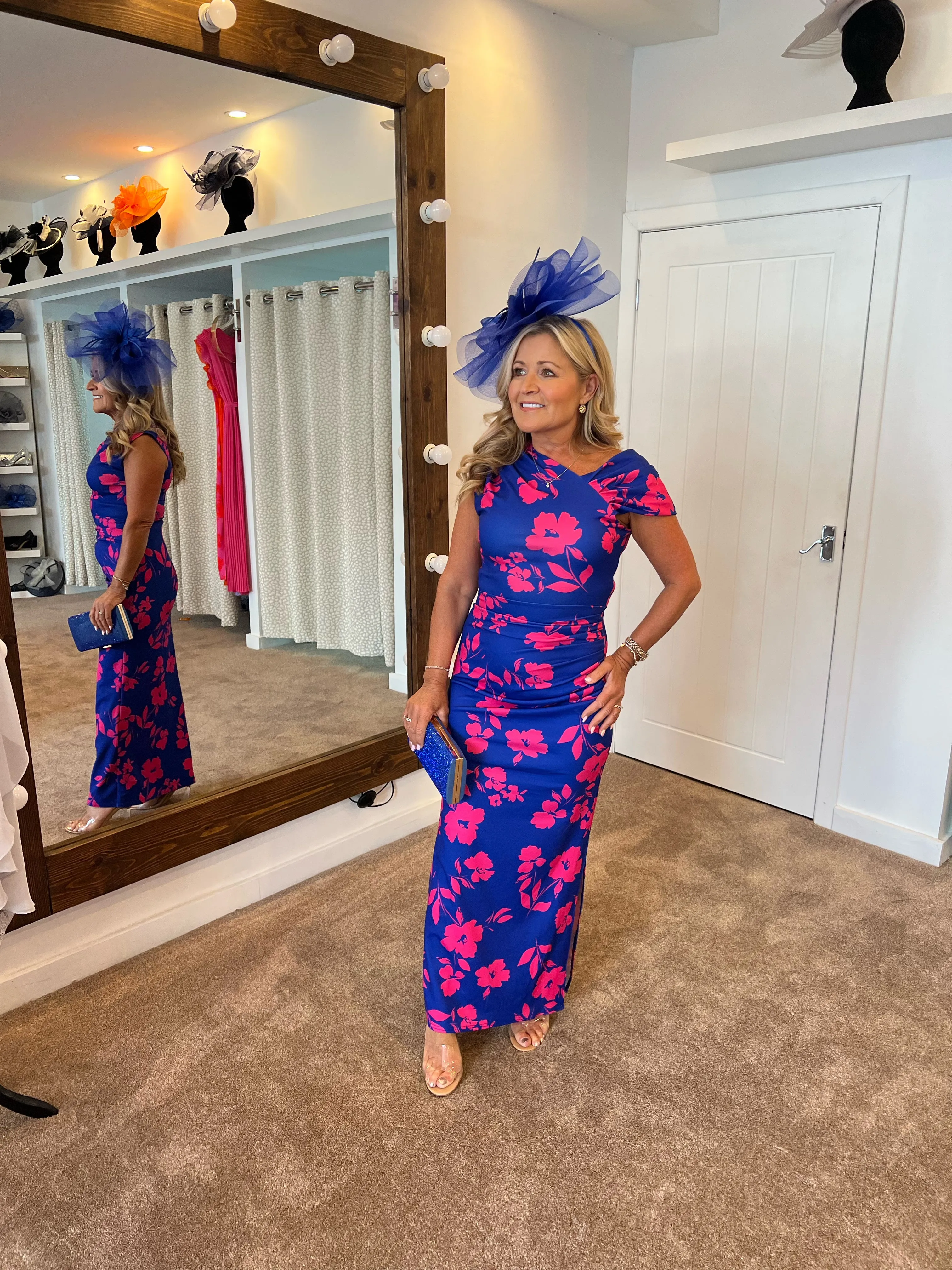 Anita blue, fucshia floral print side split maxi dress