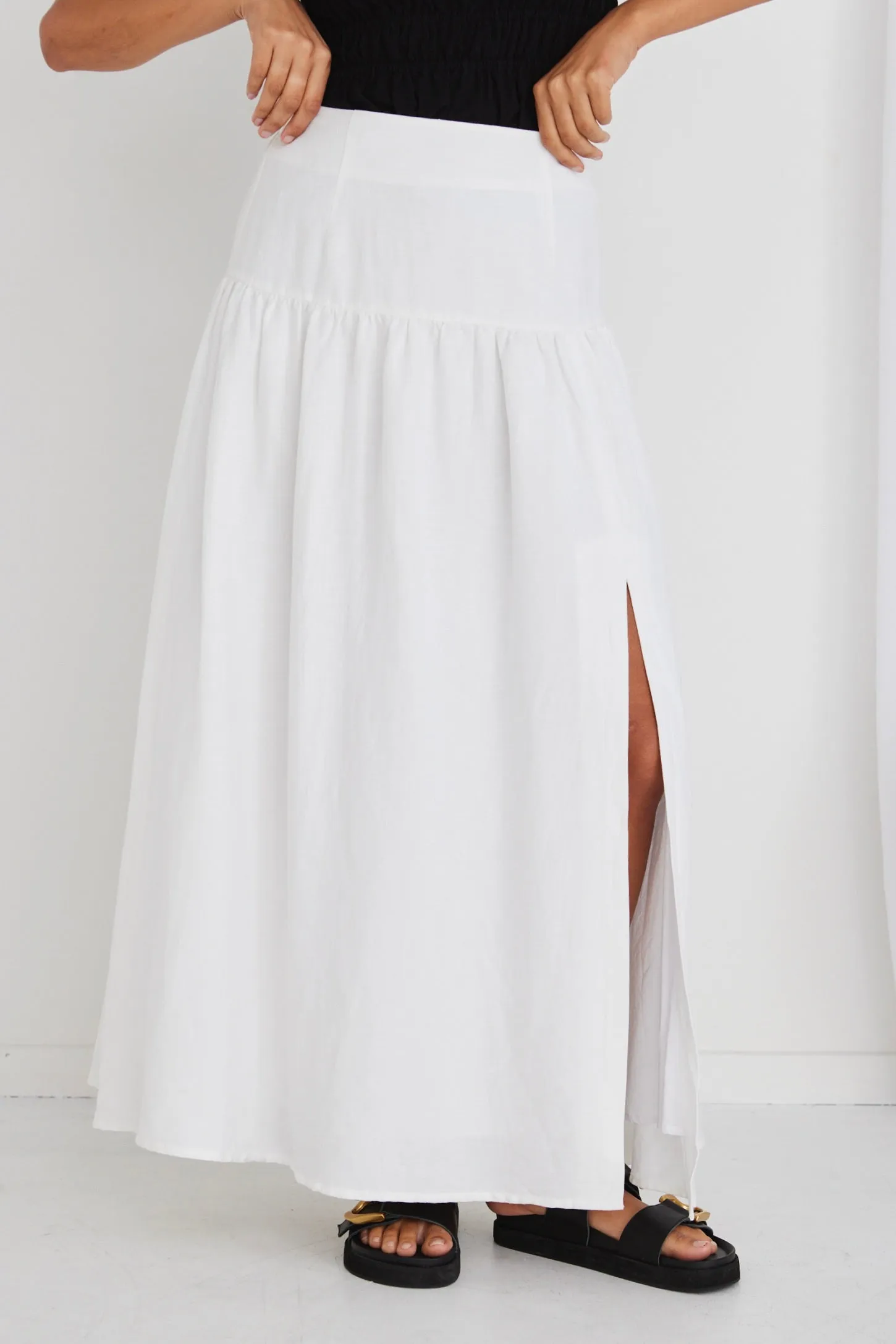 Aquarius White Linen Tiered Split Front Maxi Skirt