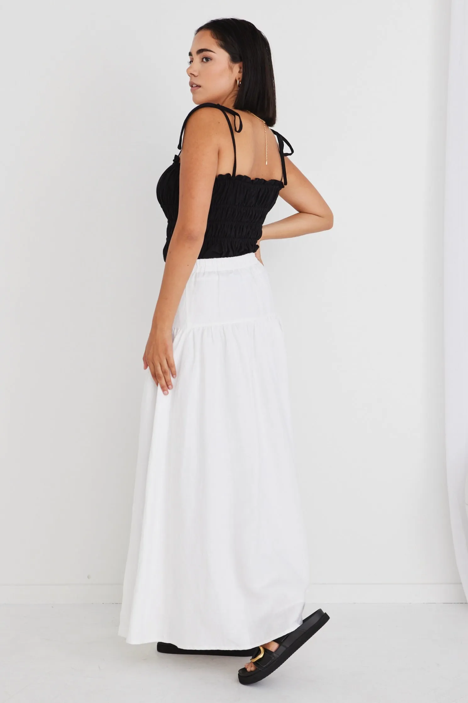 Aquarius White Linen Tiered Split Front Maxi Skirt