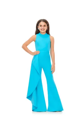 Ashley Lauren Kids 8158 Size 4 Turquoise Girls Pageant Jumpsuit with Ruffle Side Scuba High Neckline