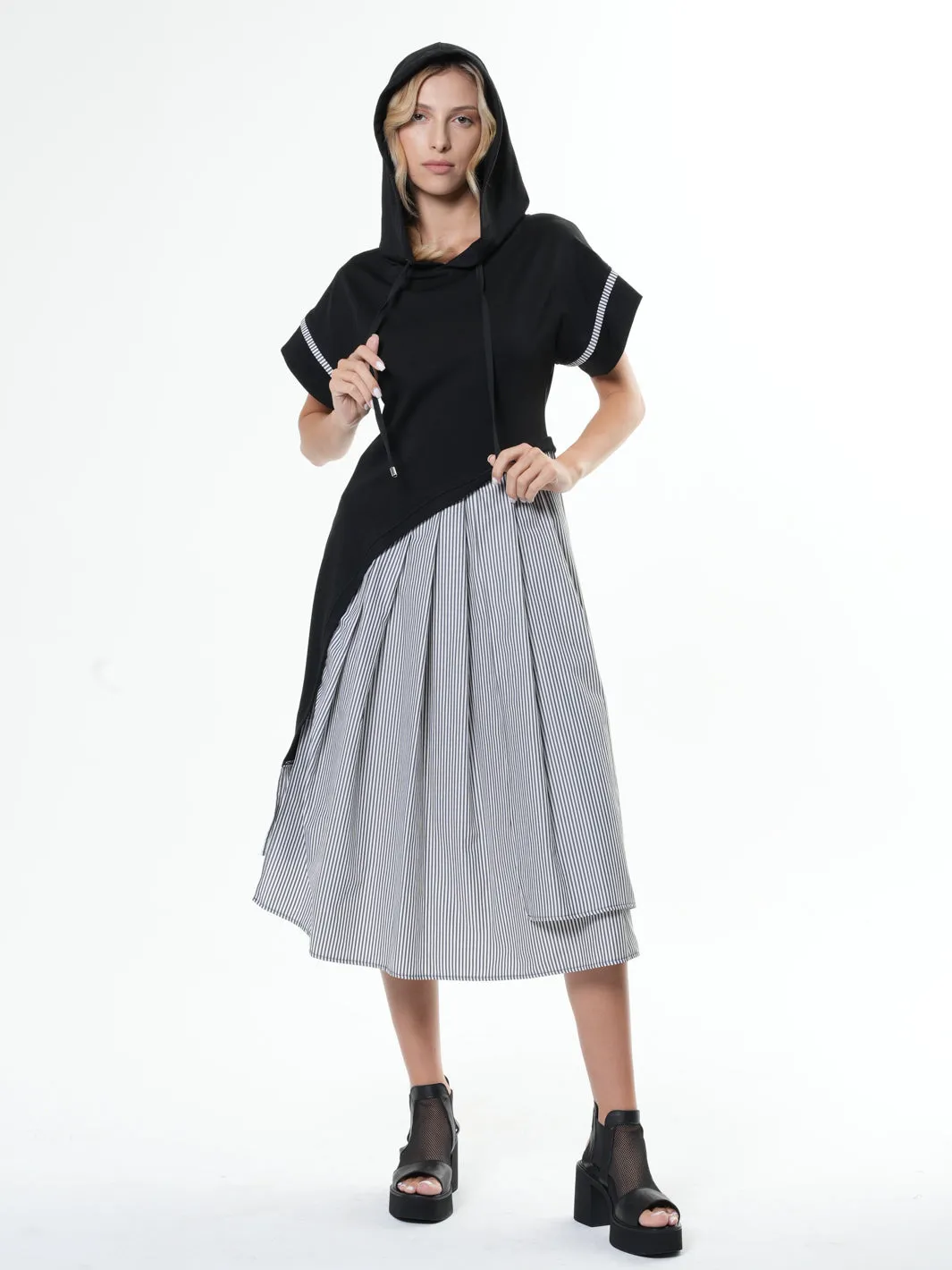 Asymmetric Hooded Dress With Short Sleeves In Gray