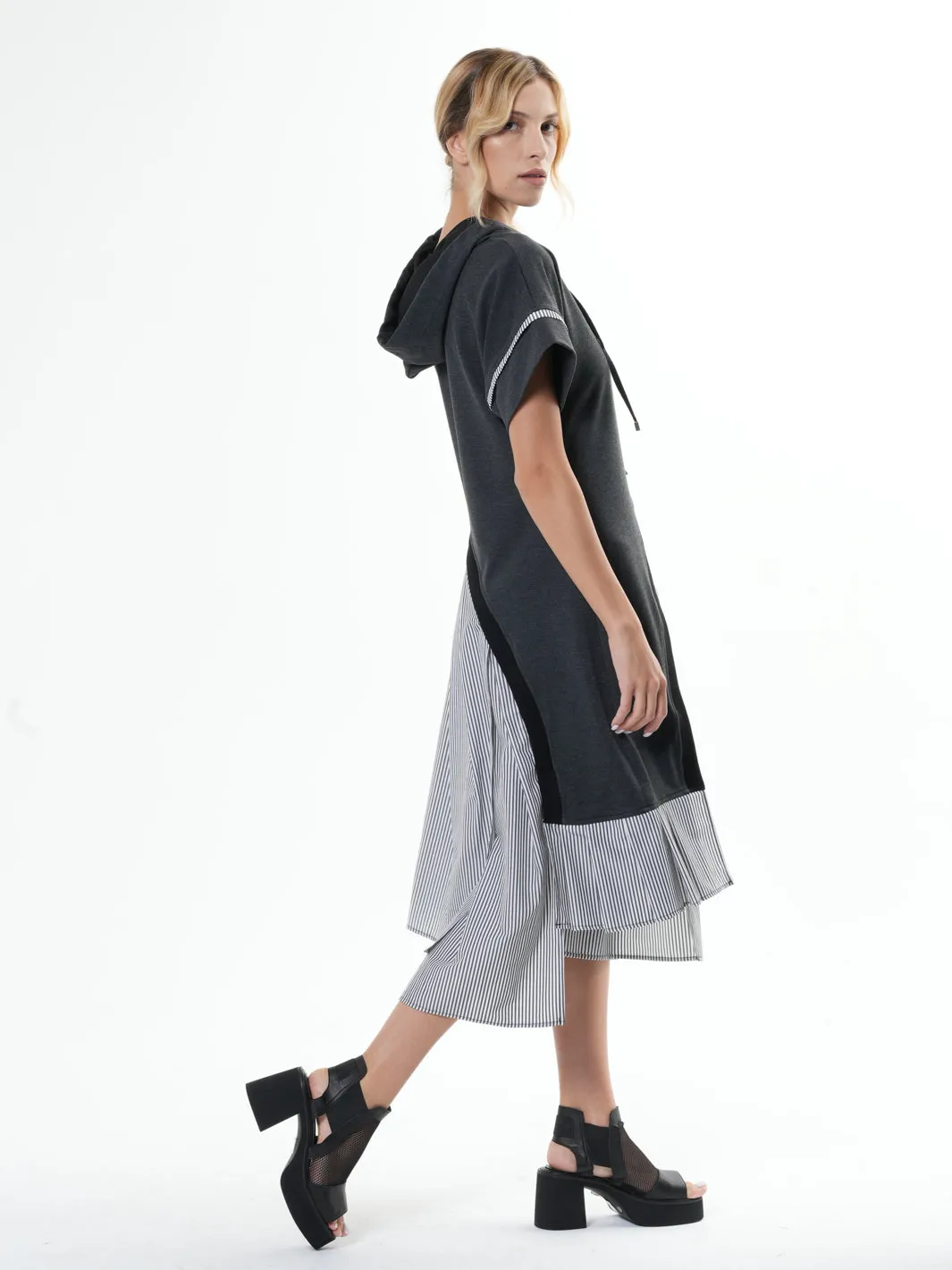 Asymmetric Hooded Dress With Short Sleeves In Gray