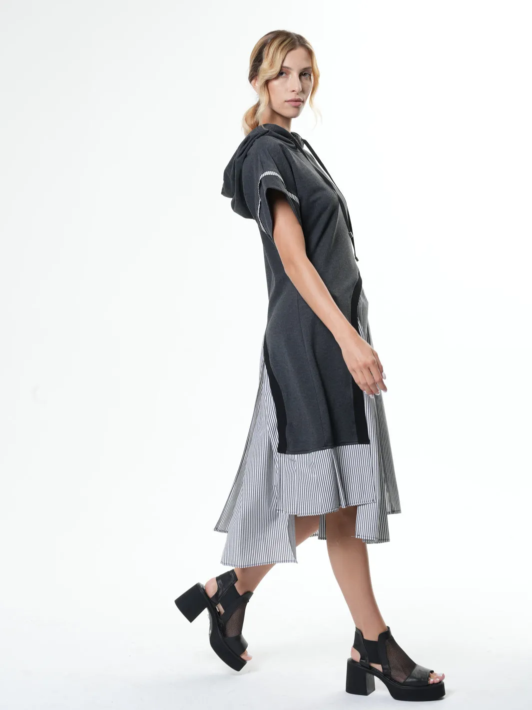 Asymmetric Hooded Dress With Short Sleeves In Gray