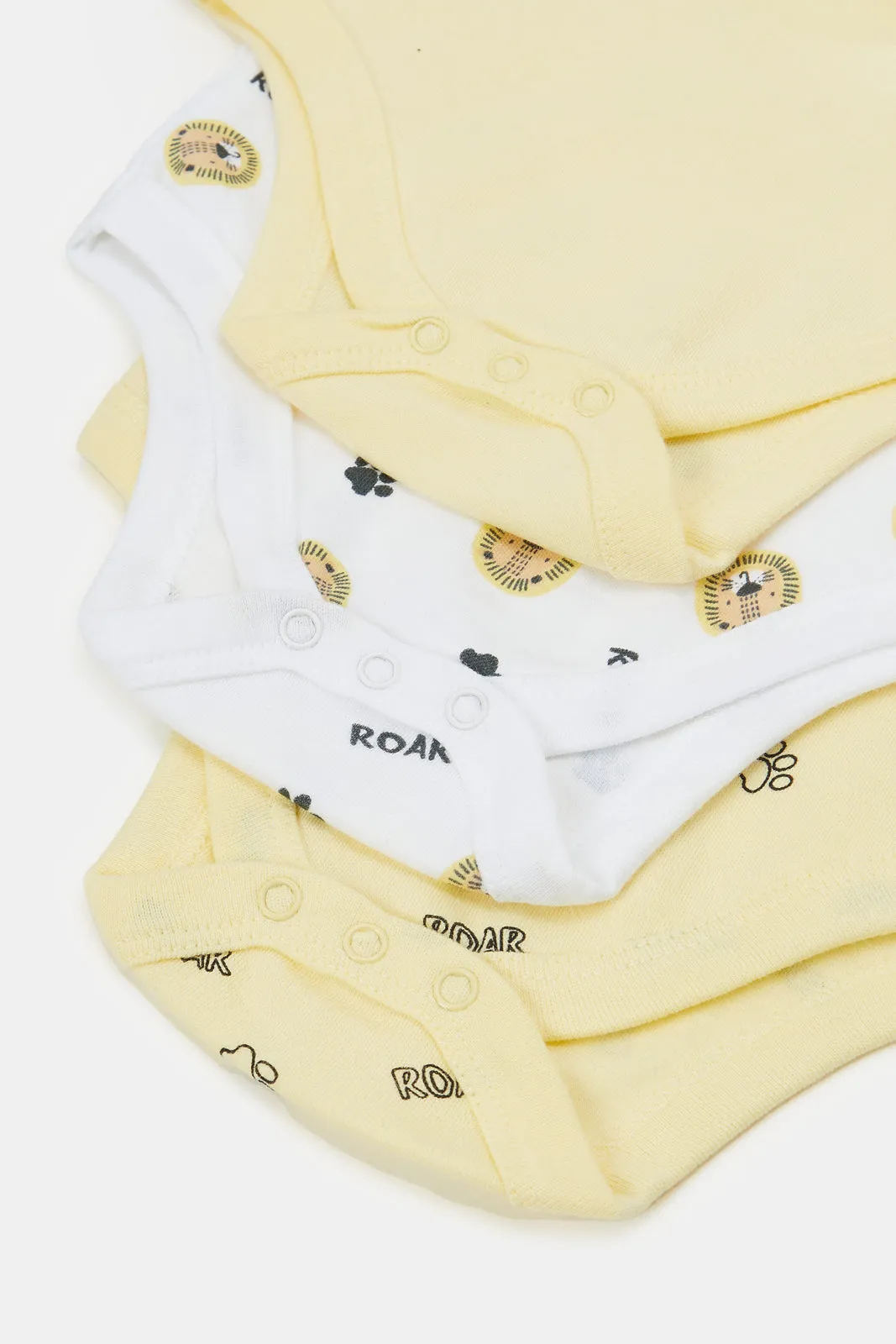 Baby Yellow And White Printed Bodysuit Set (Pack Of 3)