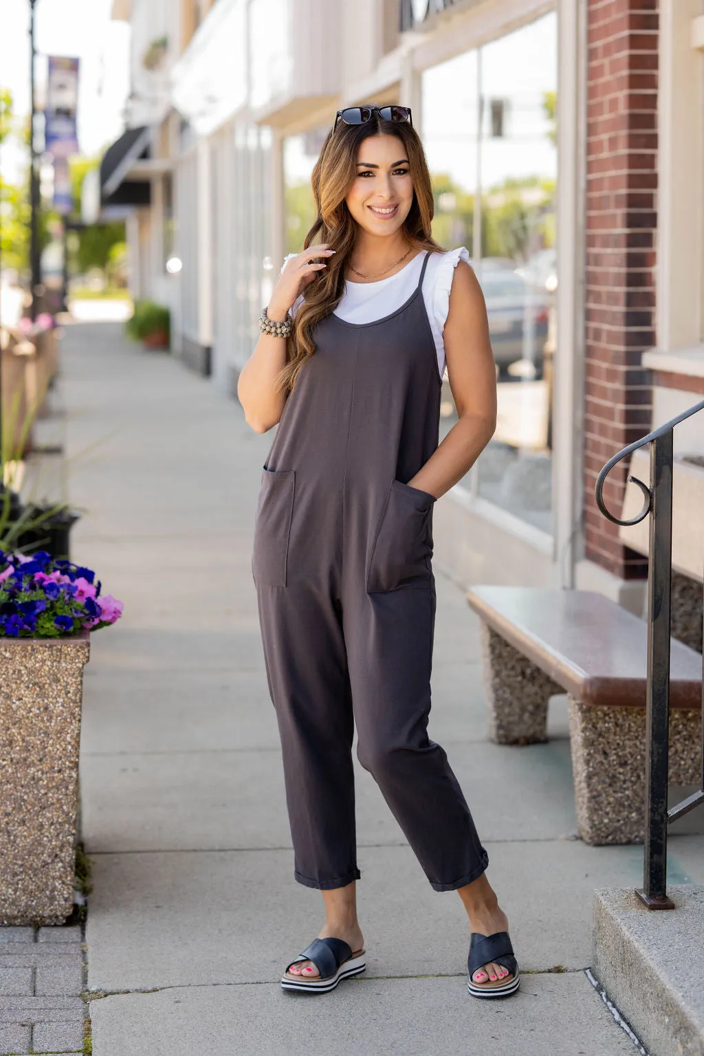 Basic Two Pocket Cropped Tank Jumpsuit