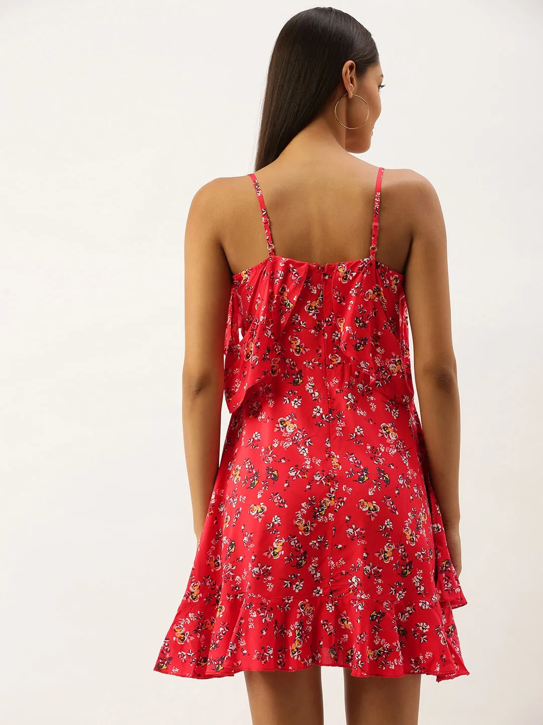 Berrylush Women Red Flared Floral Print V-Neck Mini Dress