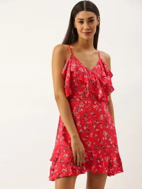 Berrylush Women Red Flared Floral Print V-Neck Mini Dress