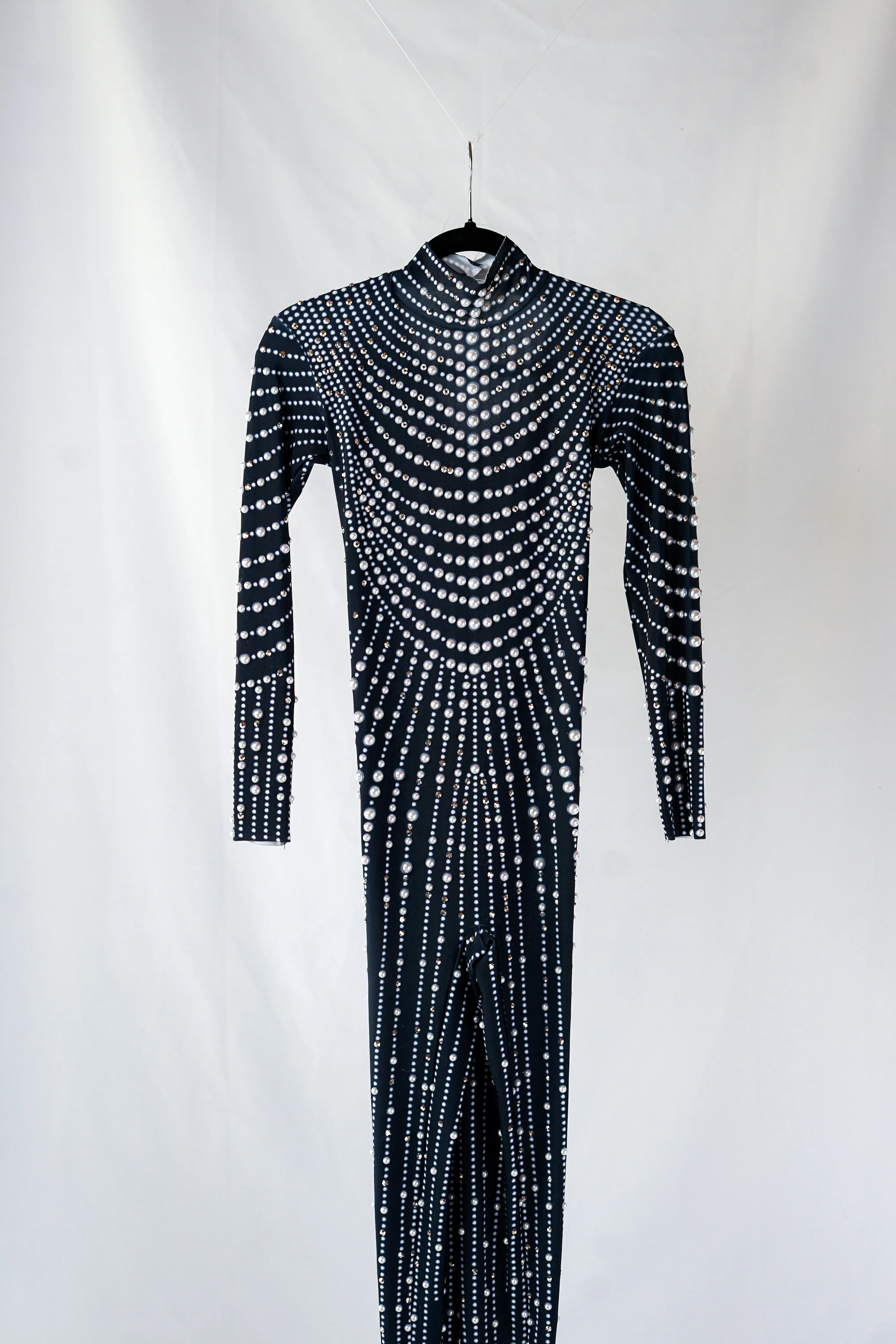 Black Full Bodysuit with Silver Pearl-Shaped Rhinestones