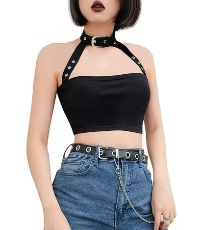 Black High Waist Side Buckle Shorts & Top (Separates)