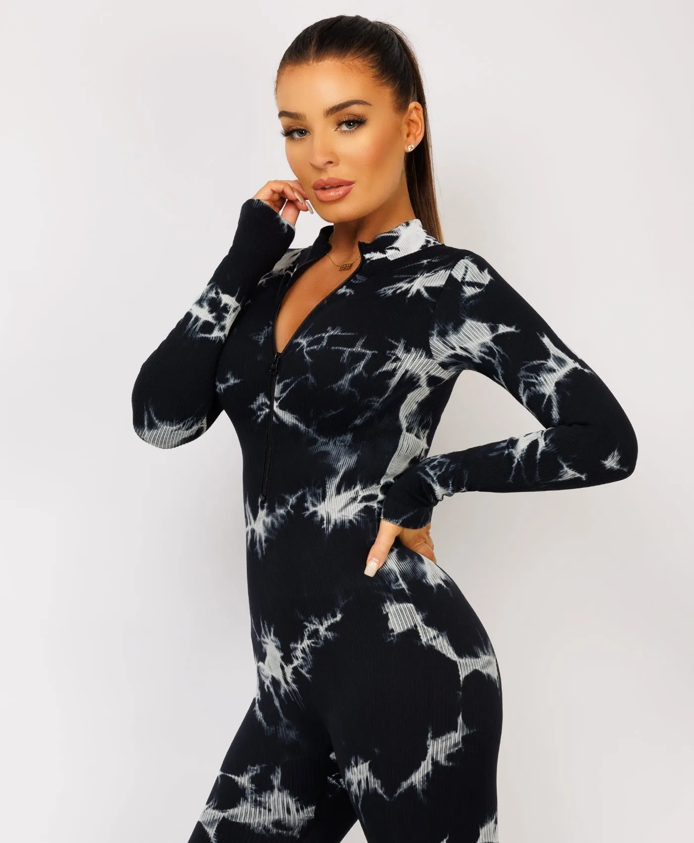 Black Tie Dye Ribbed Front Zipped Jumpsuit