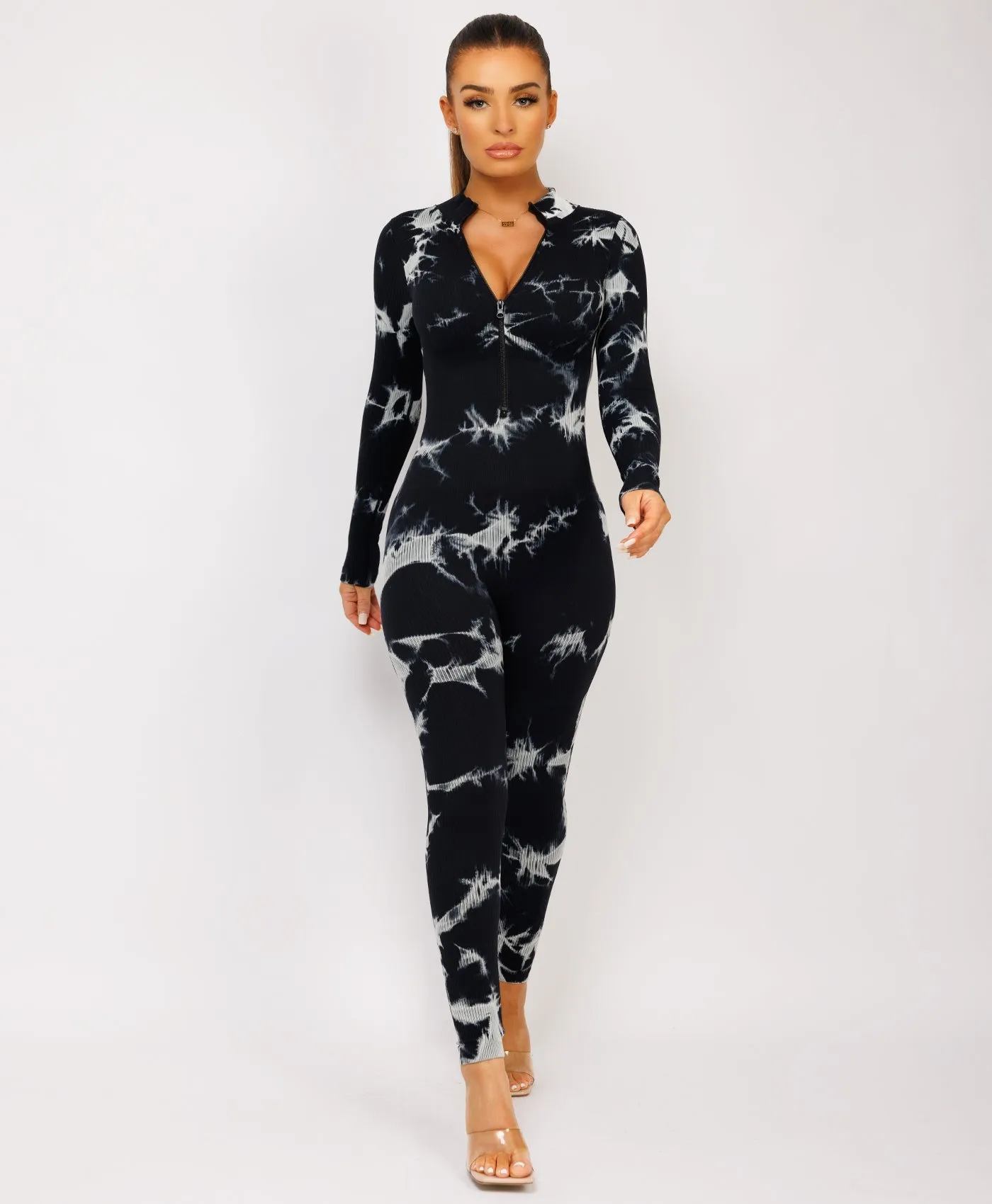 Black Tie Dye Ribbed Front Zipped Jumpsuit