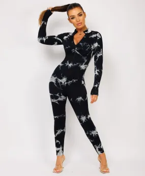 Black Tie Dye Ribbed Front Zipped Jumpsuit