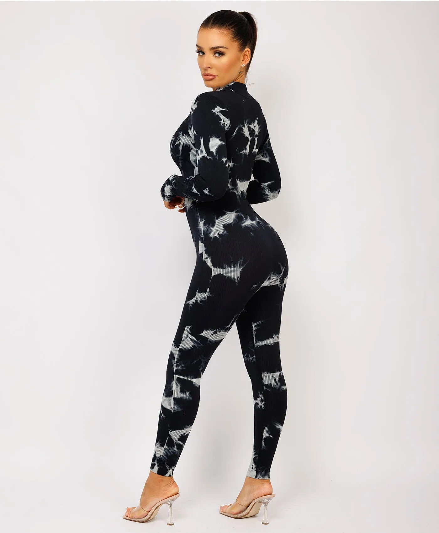 Black Tie Dye Ribbed Front Zipped Jumpsuit