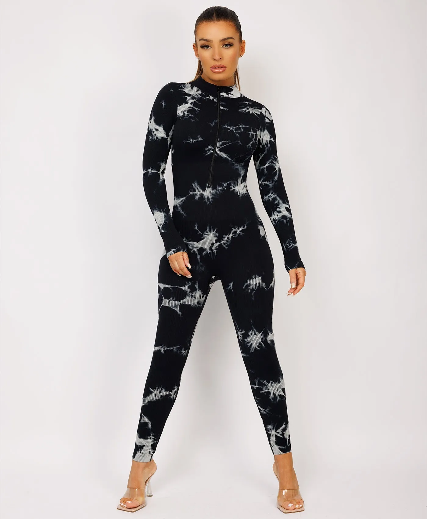 Black Tie Dye Ribbed Front Zipped Jumpsuit