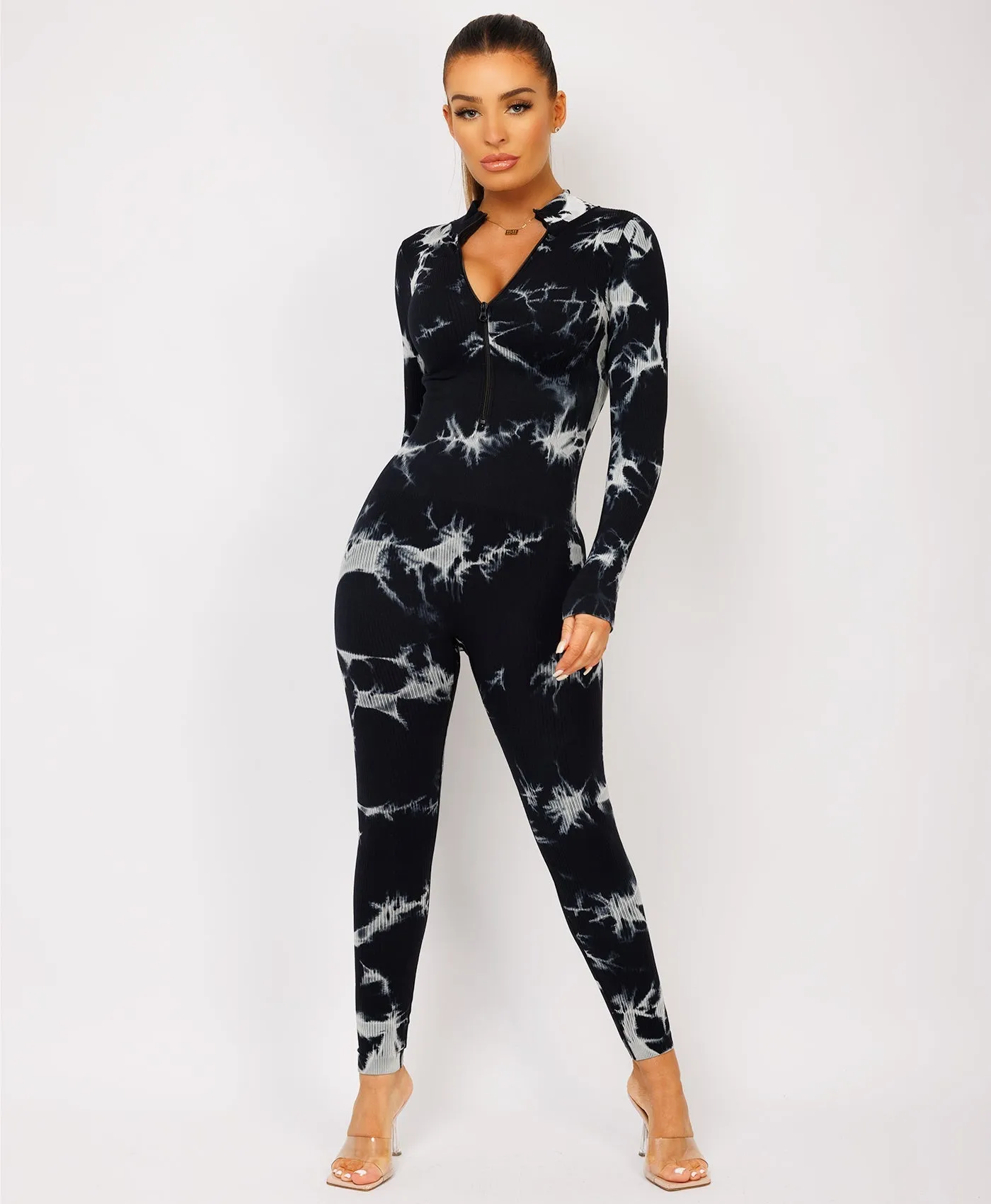 Black Tie Dye Ribbed Front Zipped Jumpsuit