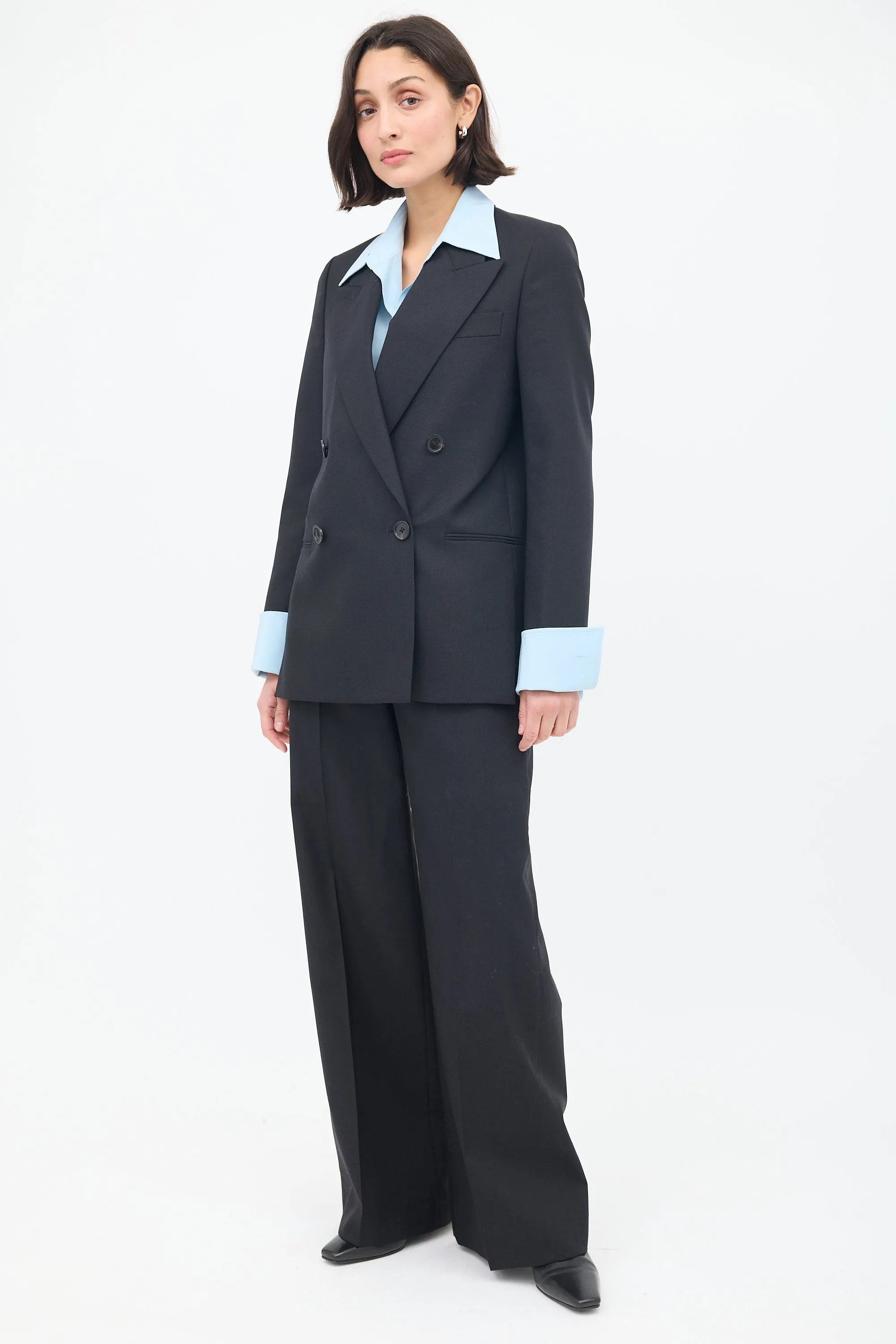 Black Wool Double Breasted Wide Leg Suit