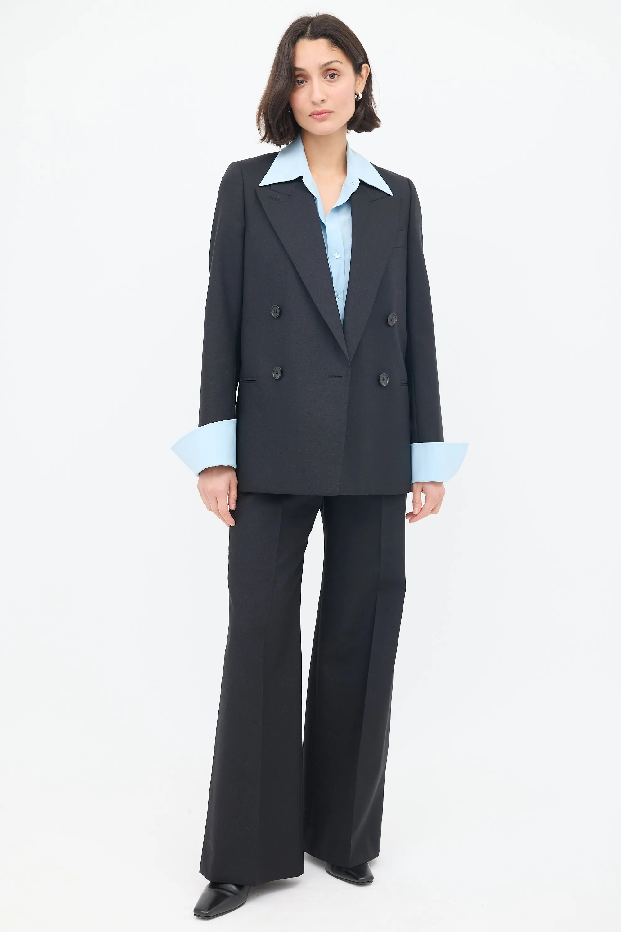 Black Wool Double Breasted Wide Leg Suit