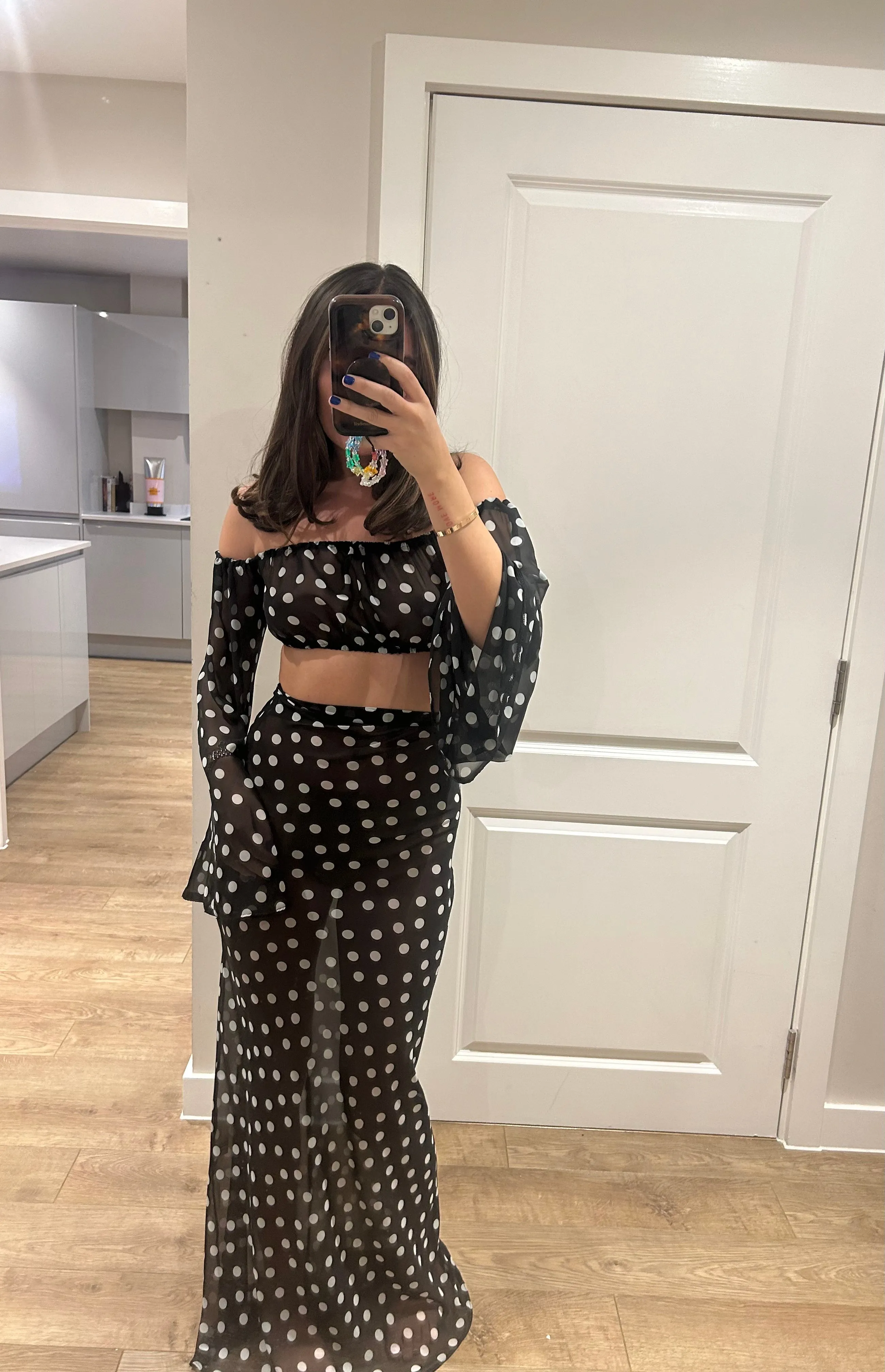 Black/White Polka Dot Crop Top And Maxi Skirt