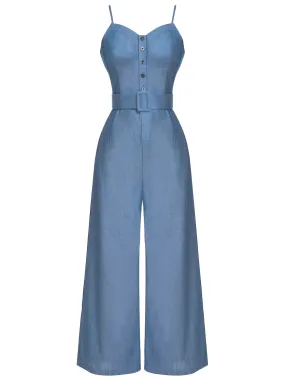 Blue 1930s Cowboy Solid Strap Jumpsuit