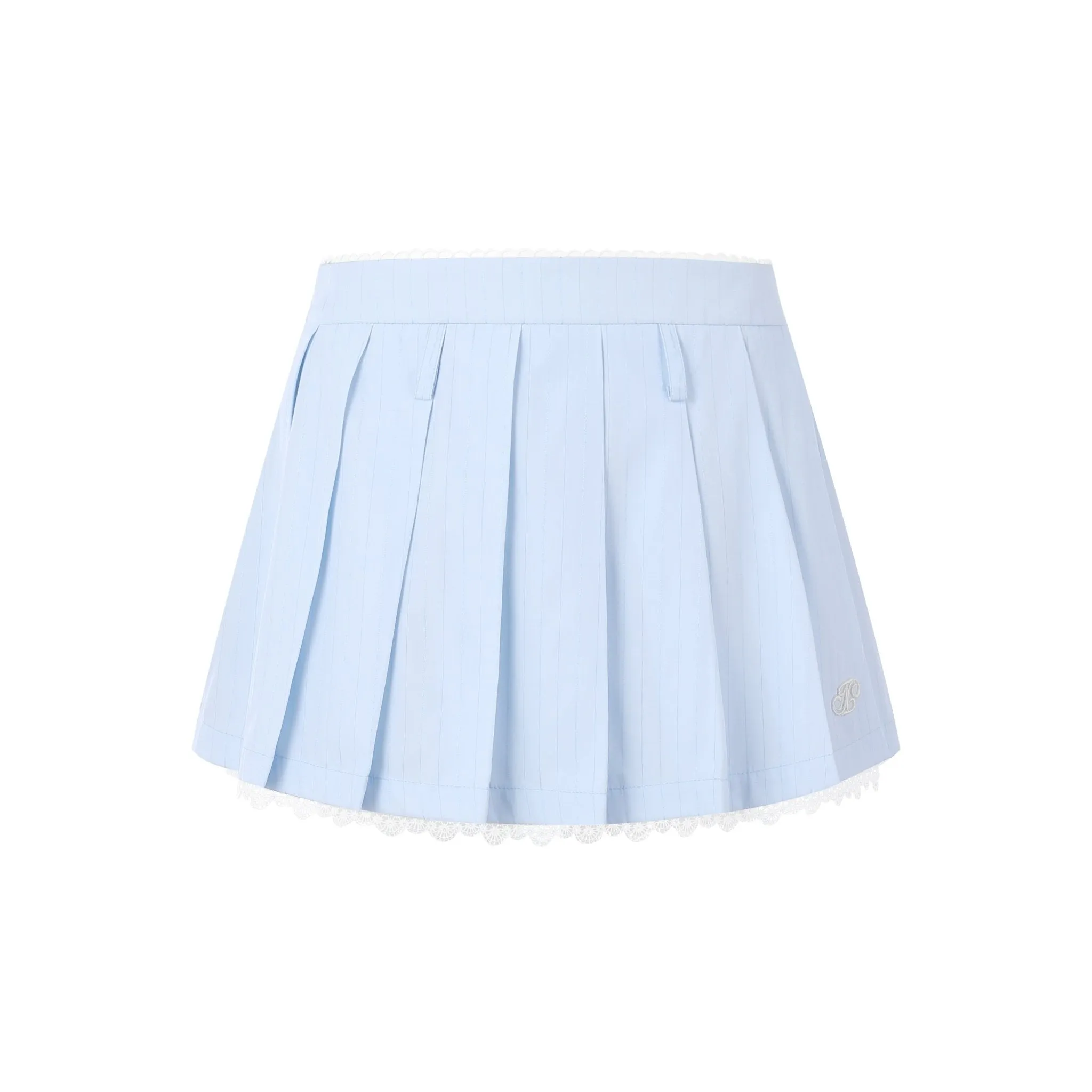 Blue And White Striped Lace Trimmed Pleated Skirt