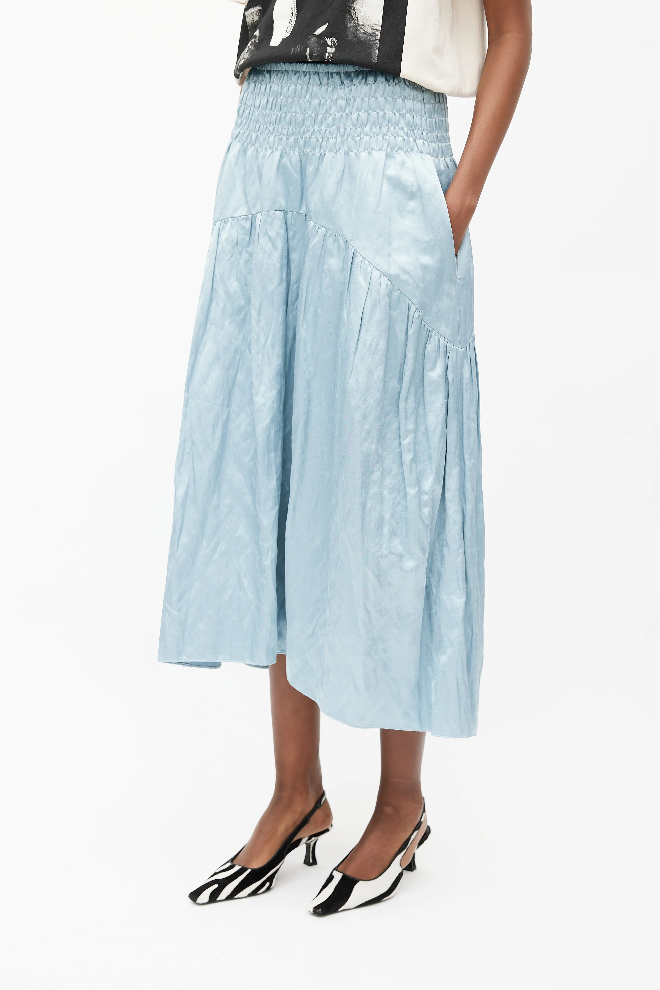 Blue Satin Smocked Skirt