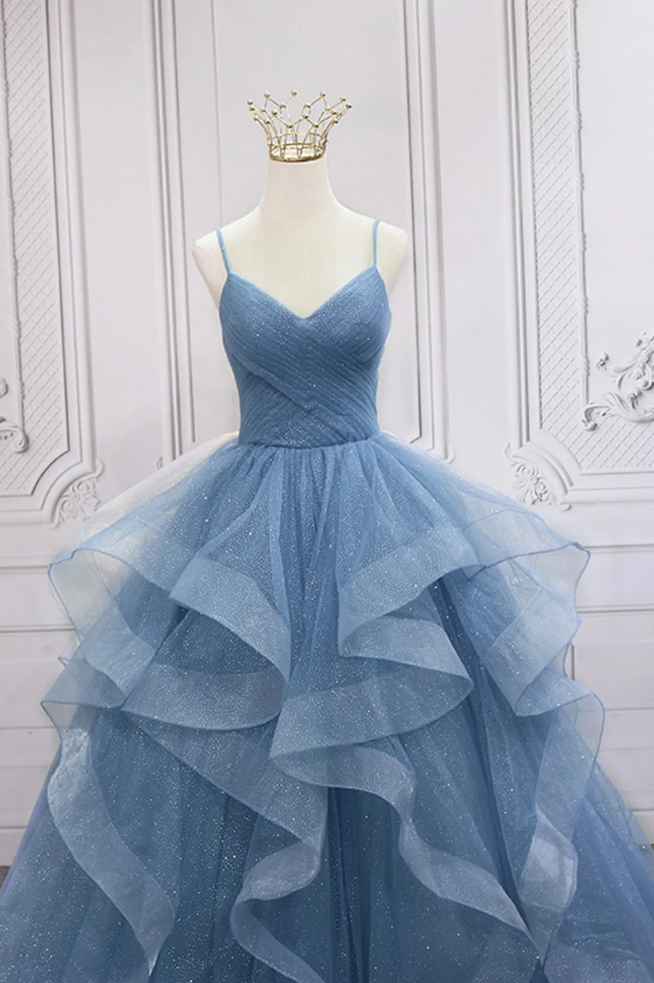 Blue V-Neck Tulle Long Formal Gown, A-Line Blue Evening Dress