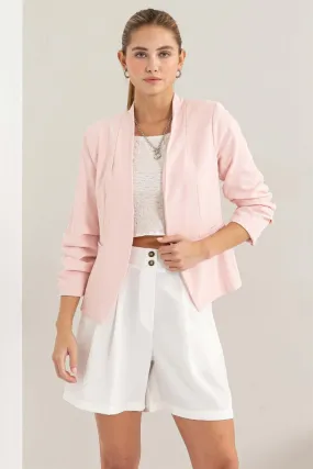 Blush Pink Open Front Ruched Sleeve Blazer