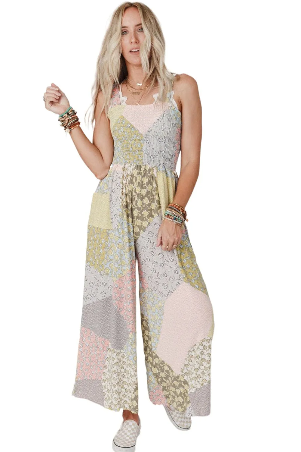 Bohemian Chic Smocked Patchwork Jumpsuit with Multicolor Floral Print