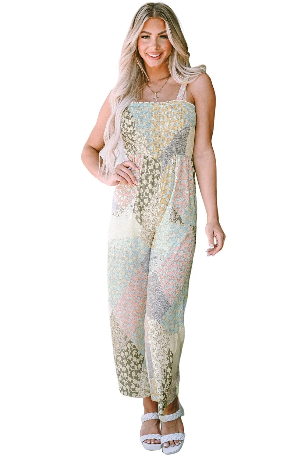 Bohemian Chic Smocked Patchwork Jumpsuit with Multicolor Floral Print