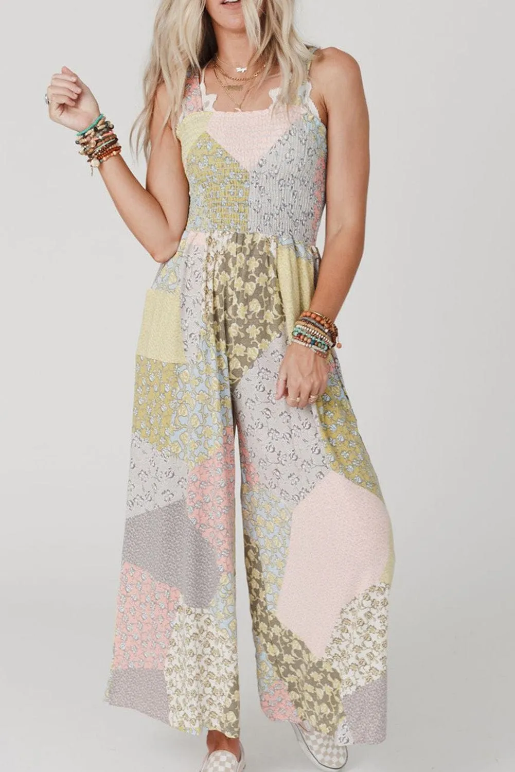 Bohemian Chic Smocked Patchwork Jumpsuit with Multicolor Floral Print