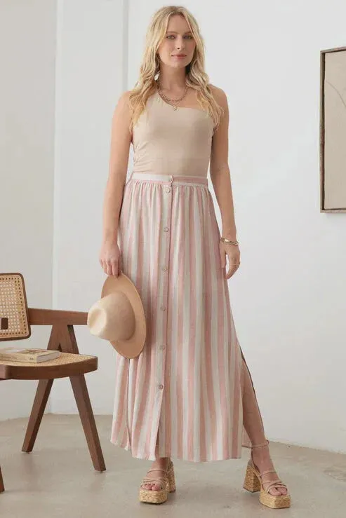 BOHO FRONT BUTTON STRIPE MAXI SKIRT