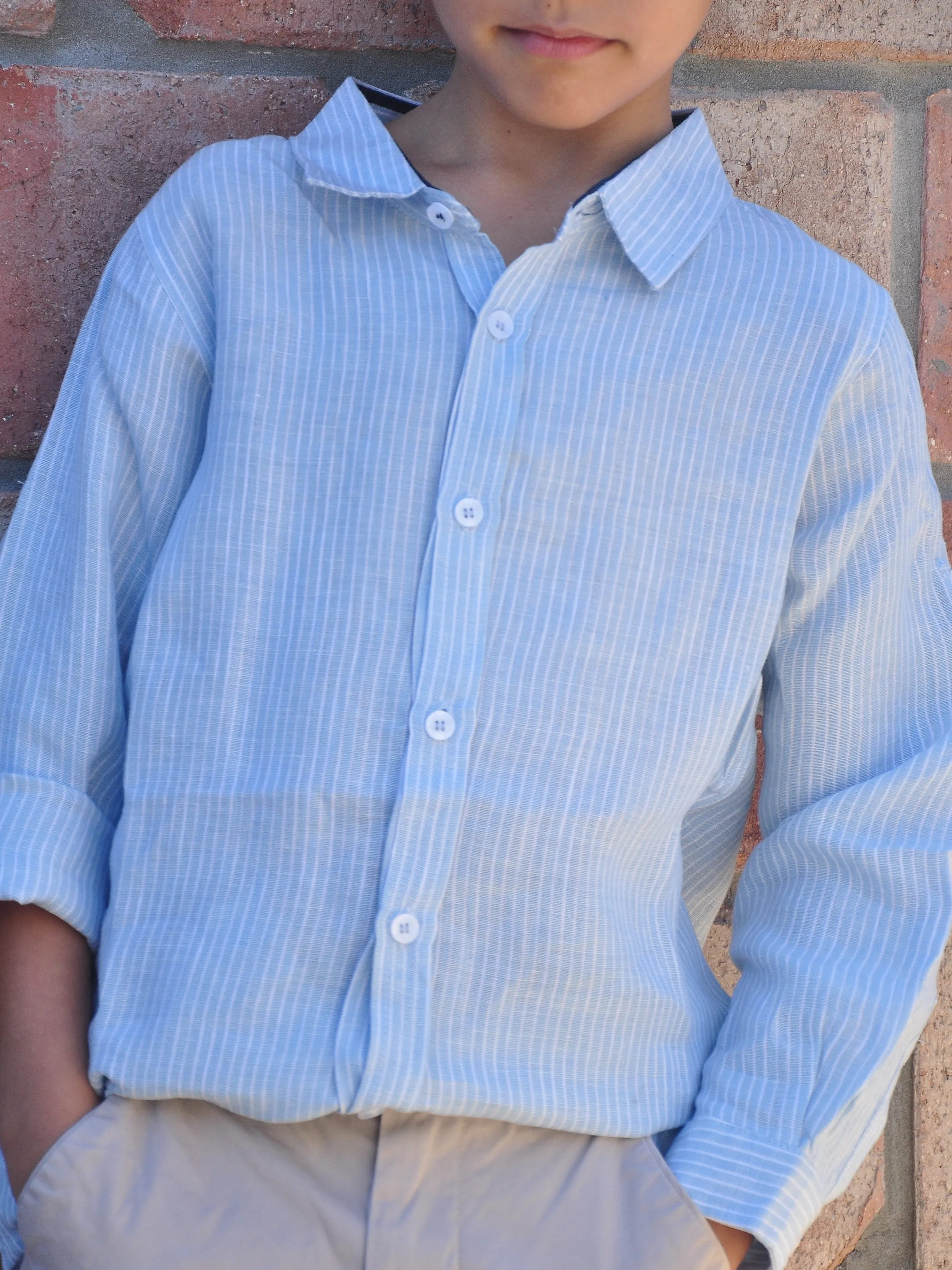 Boy Linen Shirt LS Light Blue White Stripes