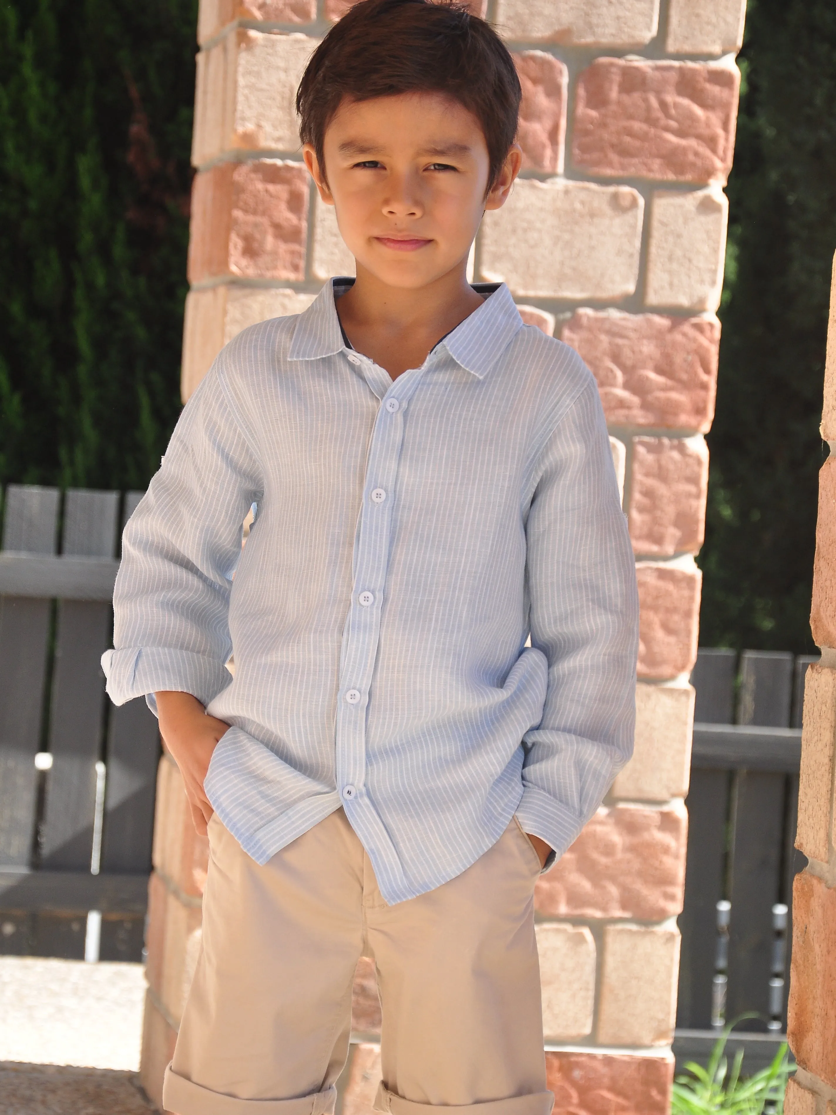 Boy Linen Shirt LS Light Blue White Stripes