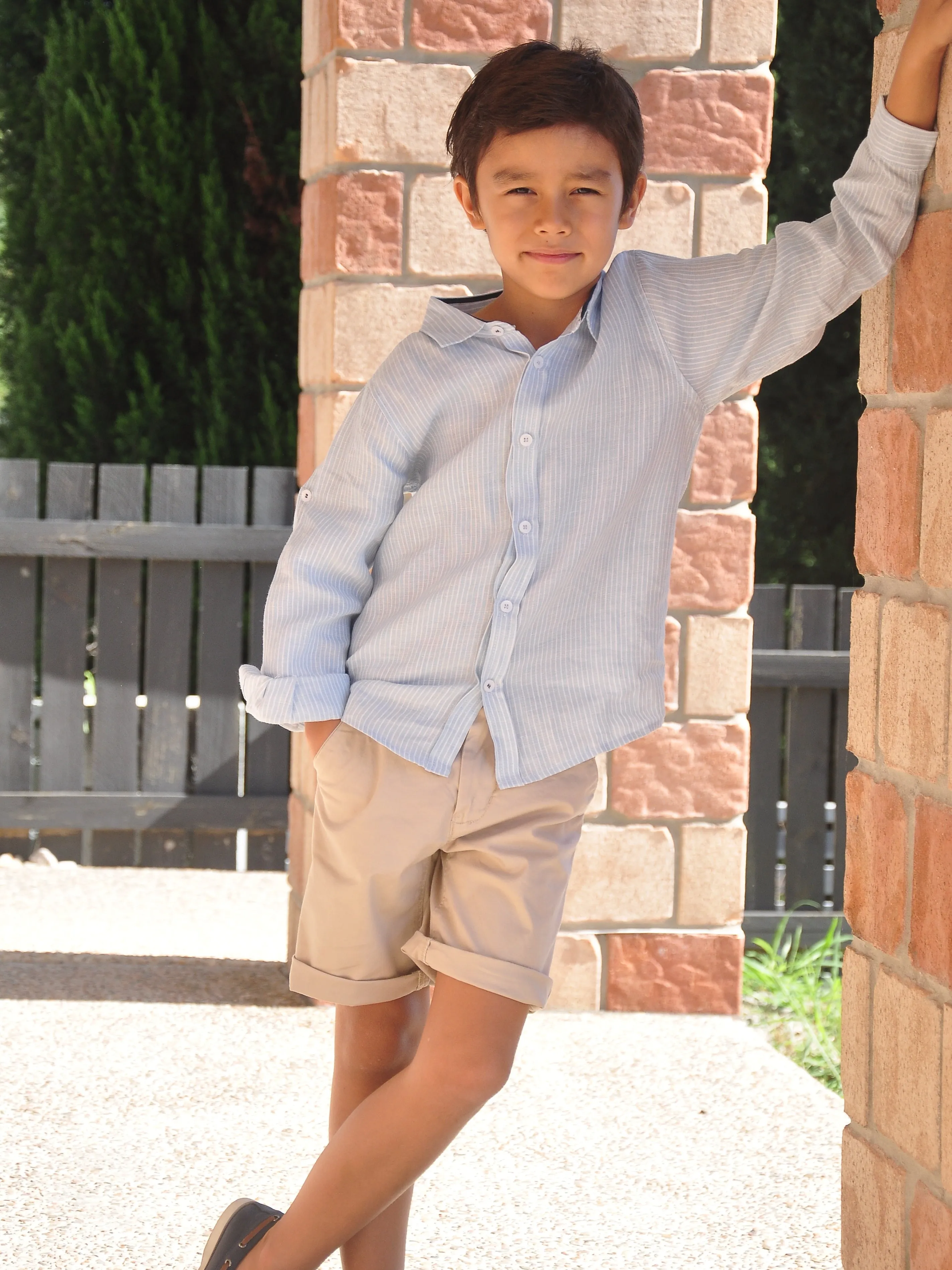 Boy Linen Shirt LS Light Blue White Stripes